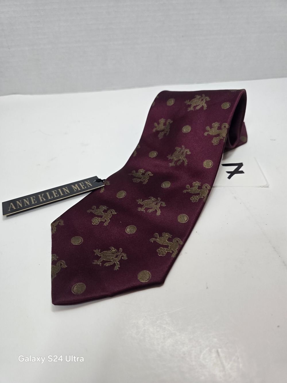 Anne Klein Men Burgundy Tie with Gold Crest Motif